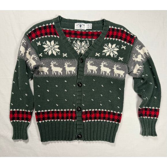 Vintage Kitestrings Cardigan Sweater Sz 7 Nordic Snowflakes Deer Red Green - Picture 1 of 8